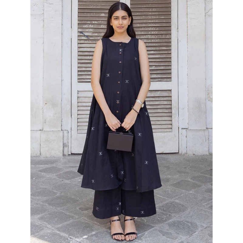 GoSriKi Woven Design Round Neck A Line Kurta With Palazzos