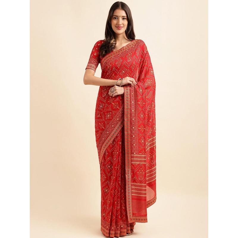 HERE&NOW Bandhani Embroidered Art Silk Saree