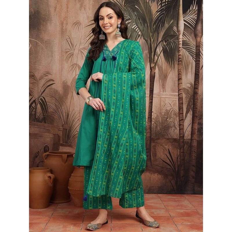HERE&NOW Floral Yoke Design V-Neck Pure Cotton A-Line Kurta With Palazzos & Dupatta