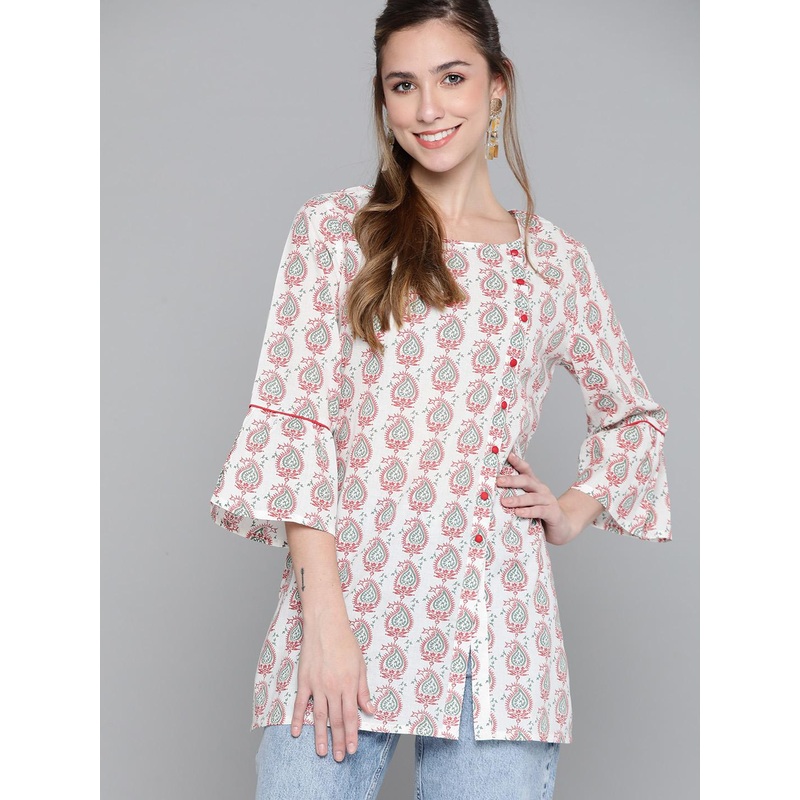 HERE&NOW White & Red Ethnic Motifs Print Flared Sleeves Pure Cotton Short Kurti