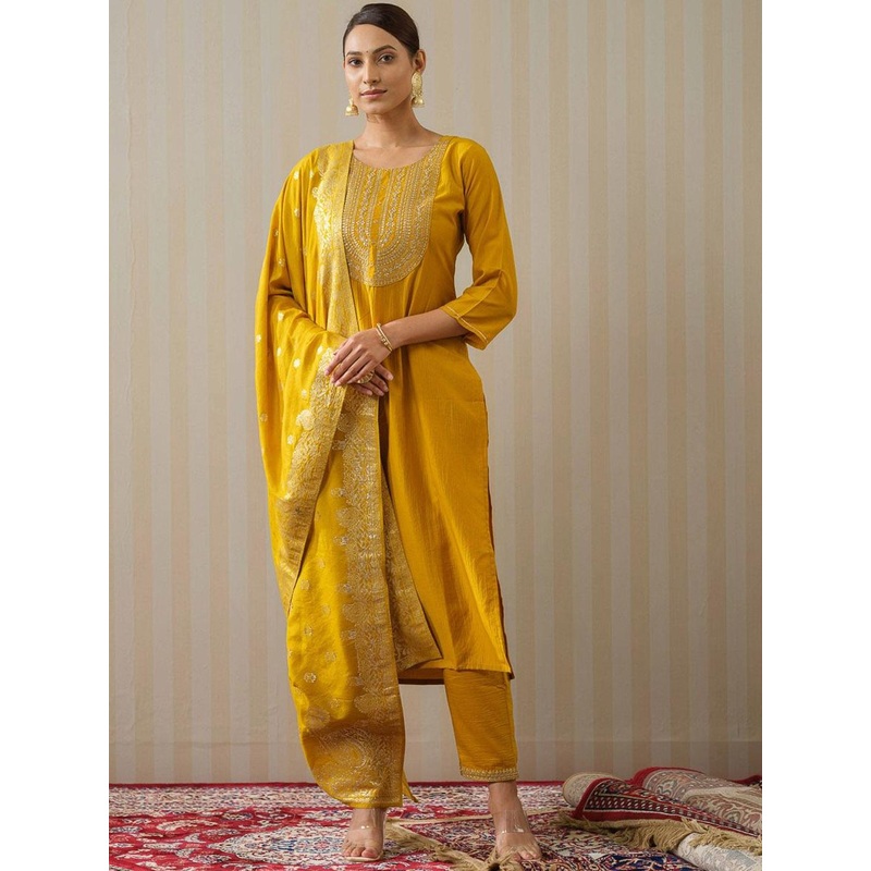 House of Pataudi Women Embroidered Straight Kurta Trousers With Dupatta