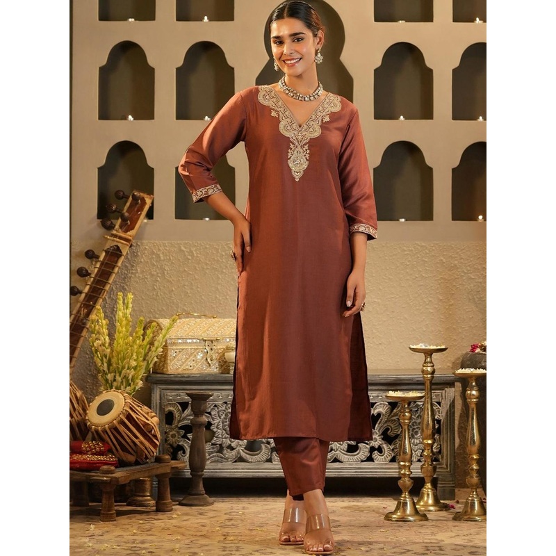 Indo Era Women Solid Embroidered Kurta with Trousers
