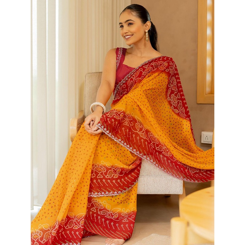 KALINI  FASHION Bandhani Printed Beads and Stones Pure Georgette Bandhani Saree