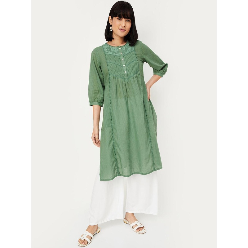 max Striped Thread Work Pleated Cotton A-Line Kurta