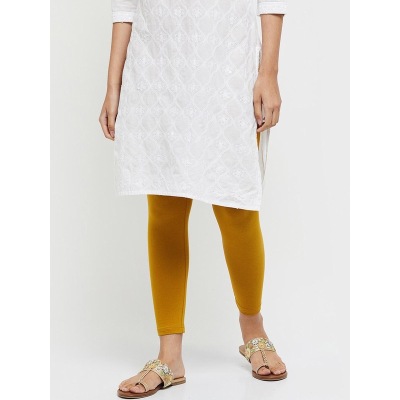 max Women Mustard-Yellow Solid Cotton Ankle-Length Leggings
