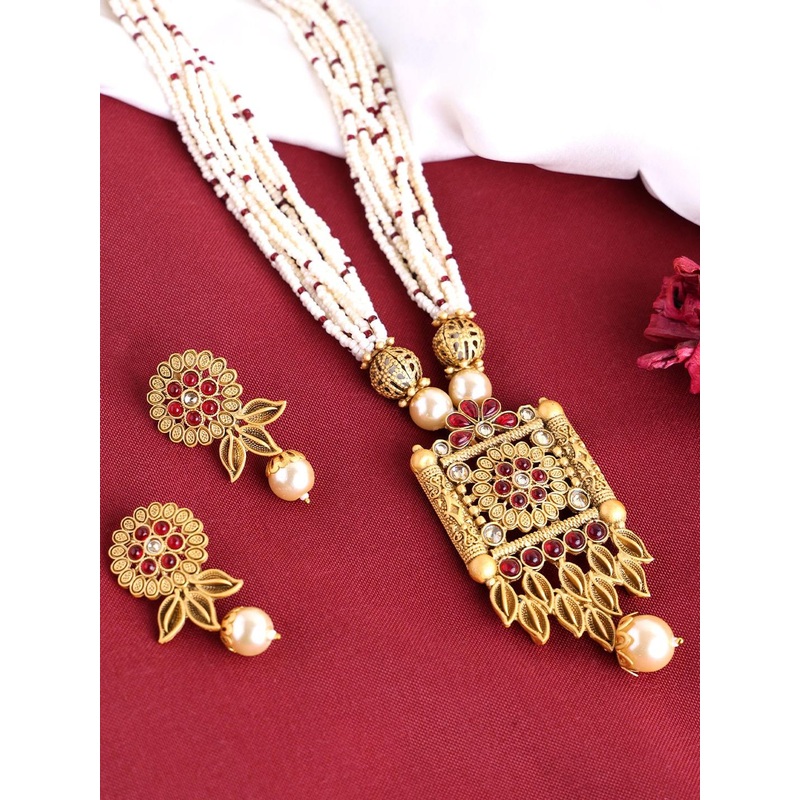 PANASH Gold-Plated Beaded & Stone-Studded Floral Jewellery Set
