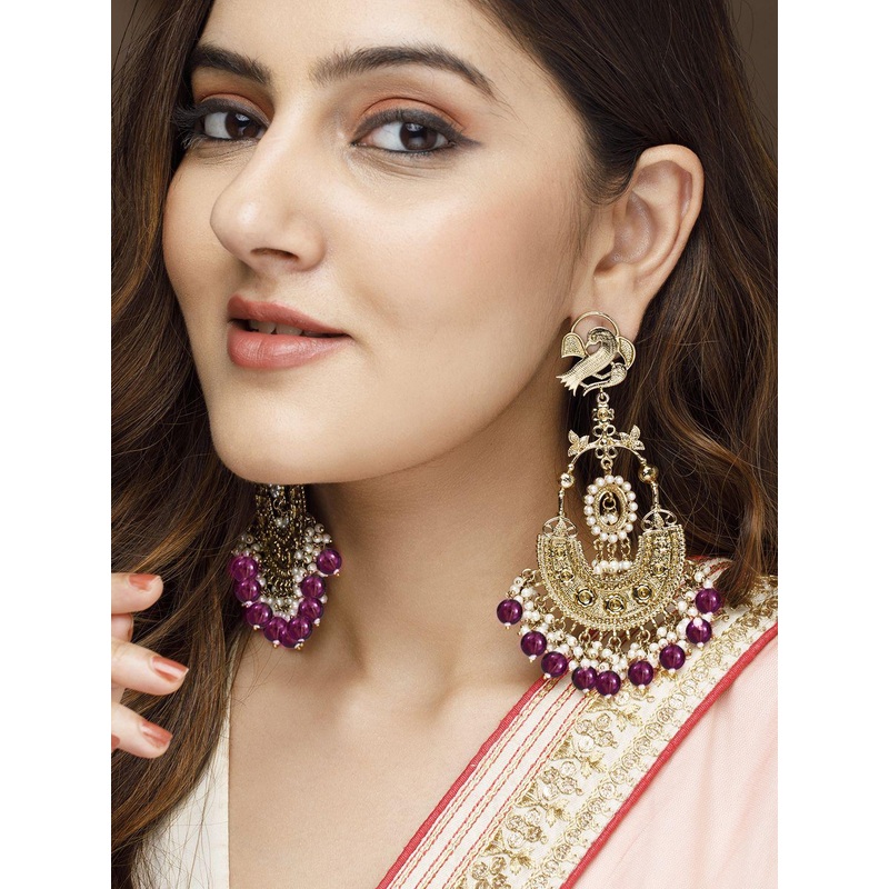 Rubans 18K Gold-Plated Big Chandbali Earrings with Deep Magenta Beads and Pearl Accents