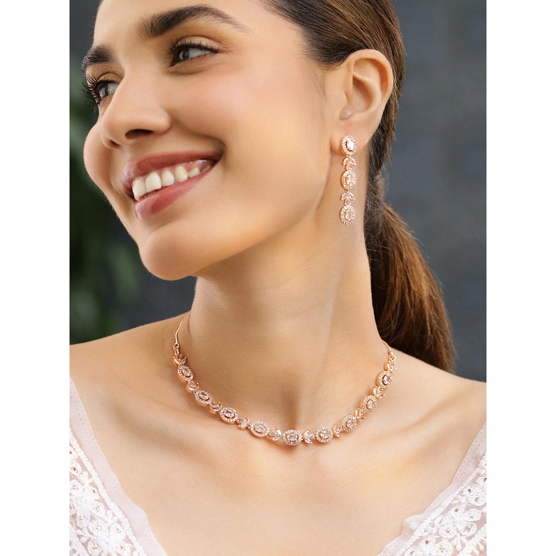 Rubans 18K Rose Gold-Plated White Cubic Zirconia Studded Handcrafted Necklace Set
