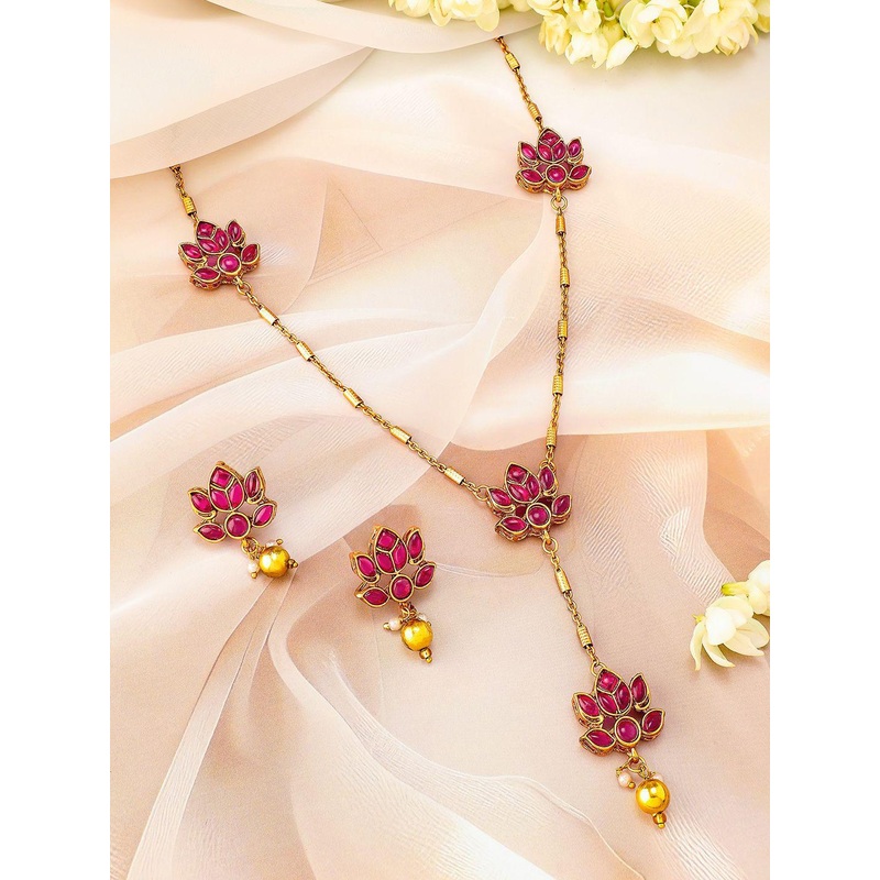 Rubans 22K Gold Plated Ruby Pink Studded Layered Lotus Motif Necklace Set