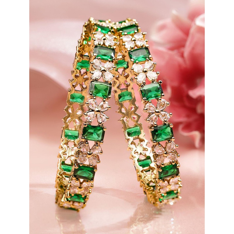 Rubans Set of 2 18K Gold-Plated Emerald Green & White Zirconia Floral Studded Bangles