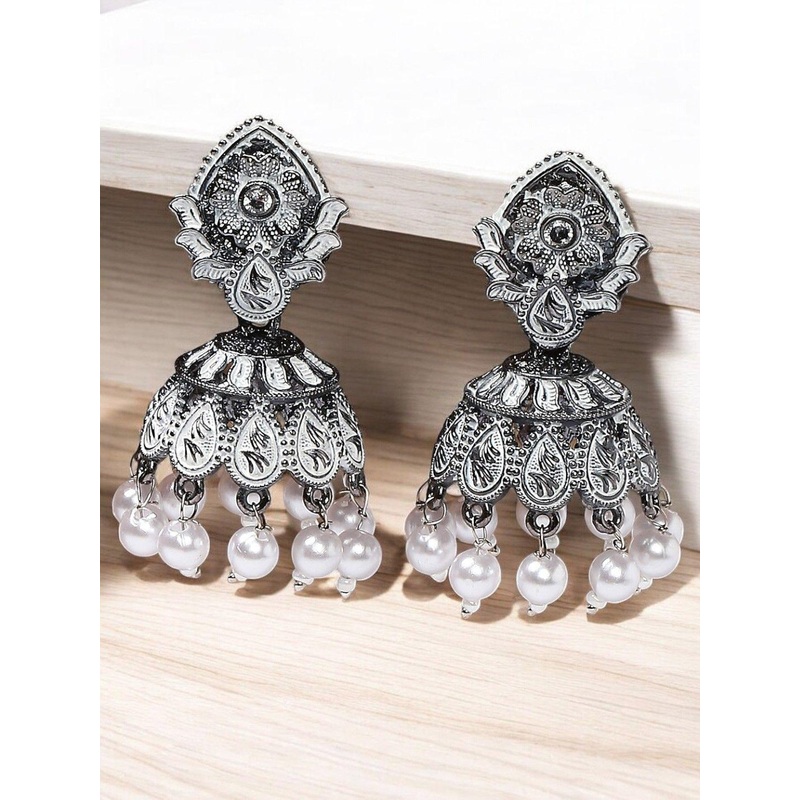 Sangria Artificial Stones and Beads Floral Shaped Oxidised Jhumka Earrings
