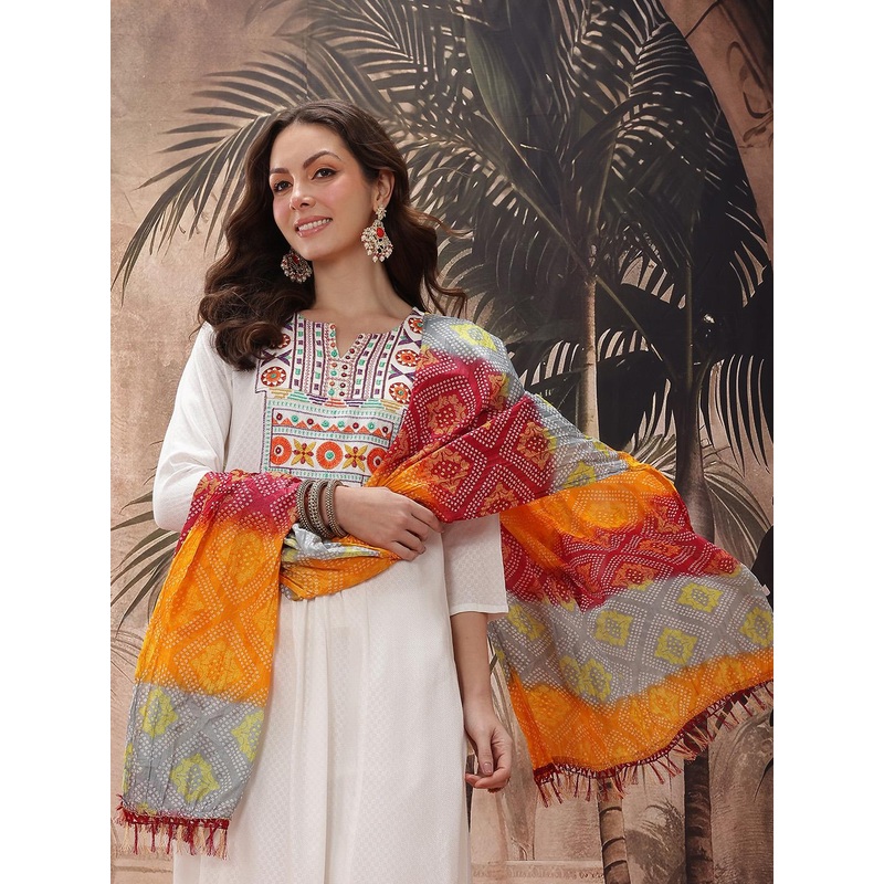 Sangria Yoke Design Mirror Work Embroidered Kurta With Trousers & Bandhani Print Dupatta