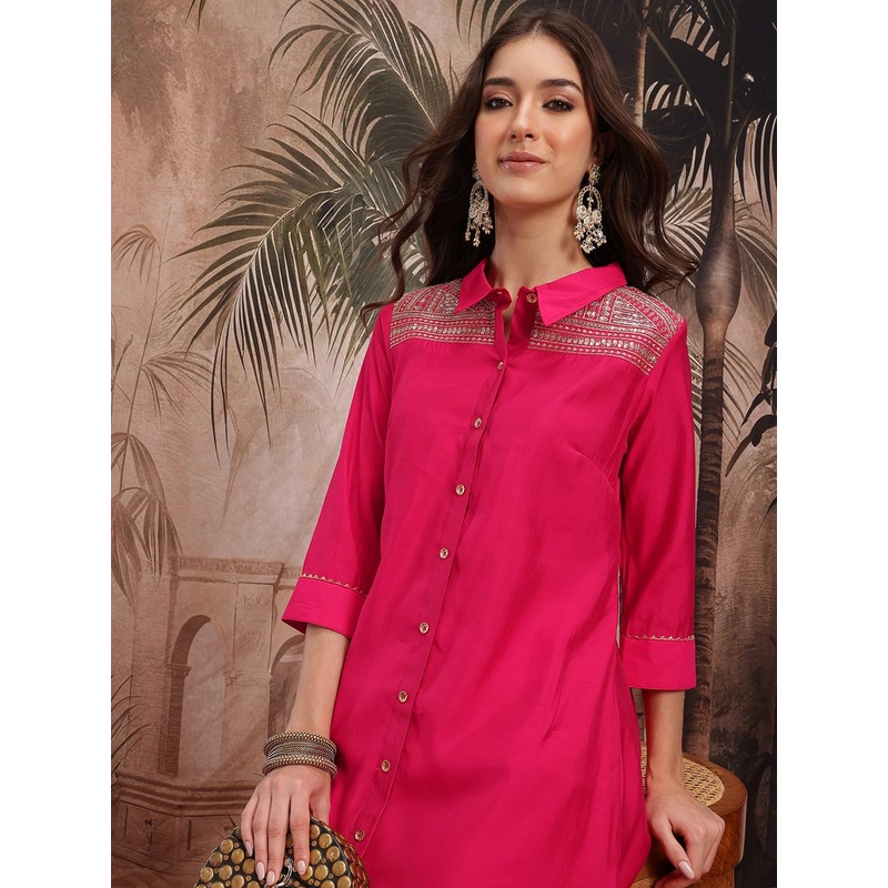 Sangria Yoke Design Sequinned Shirt Collar Kurta with Trouser