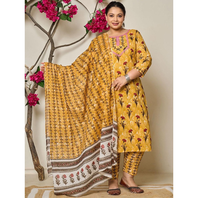 Yufta Women Ethnic Motifs Printed Cotton Kurta with Trousers & Dupatta