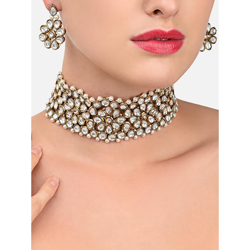 Zaveri Pearls Gold-Toned Kundan Choker Jewellery Set
