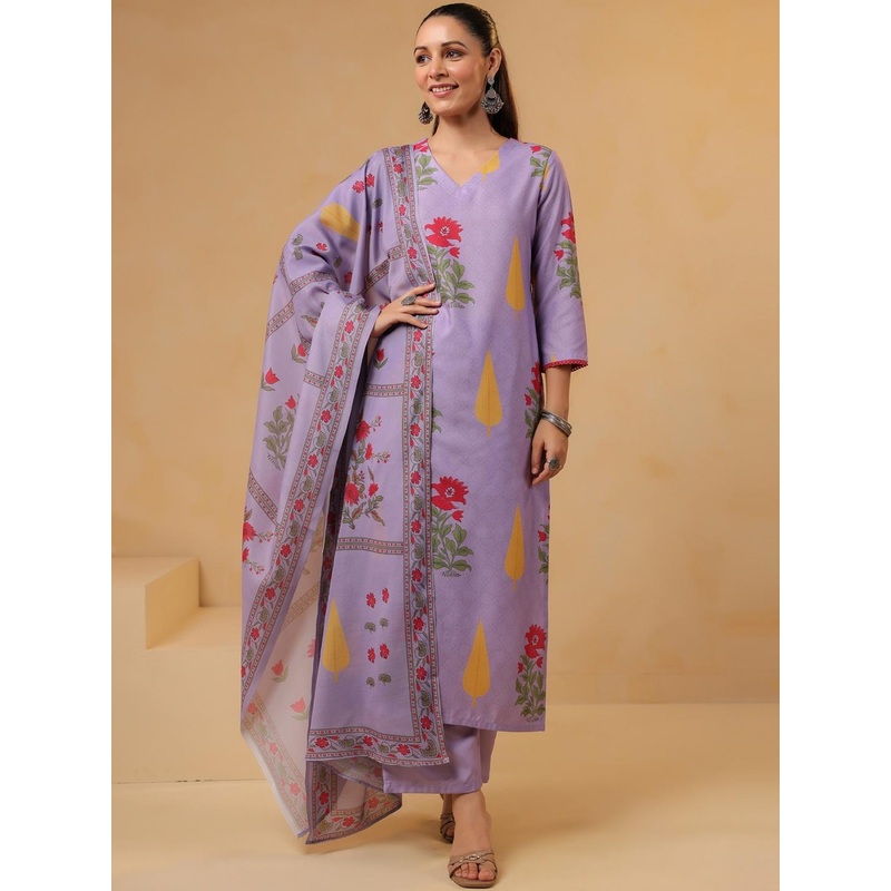 Aaghnya Women’s Lavender Rayon Blend Printed Straight Kurta Set With Dupatta