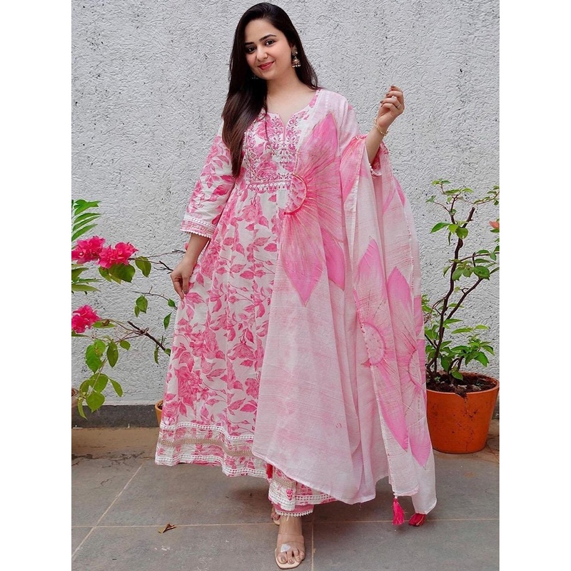 BAESD Floral Printed Empire Mirror Work Anarkali Kurta With Trousers & Dupatta