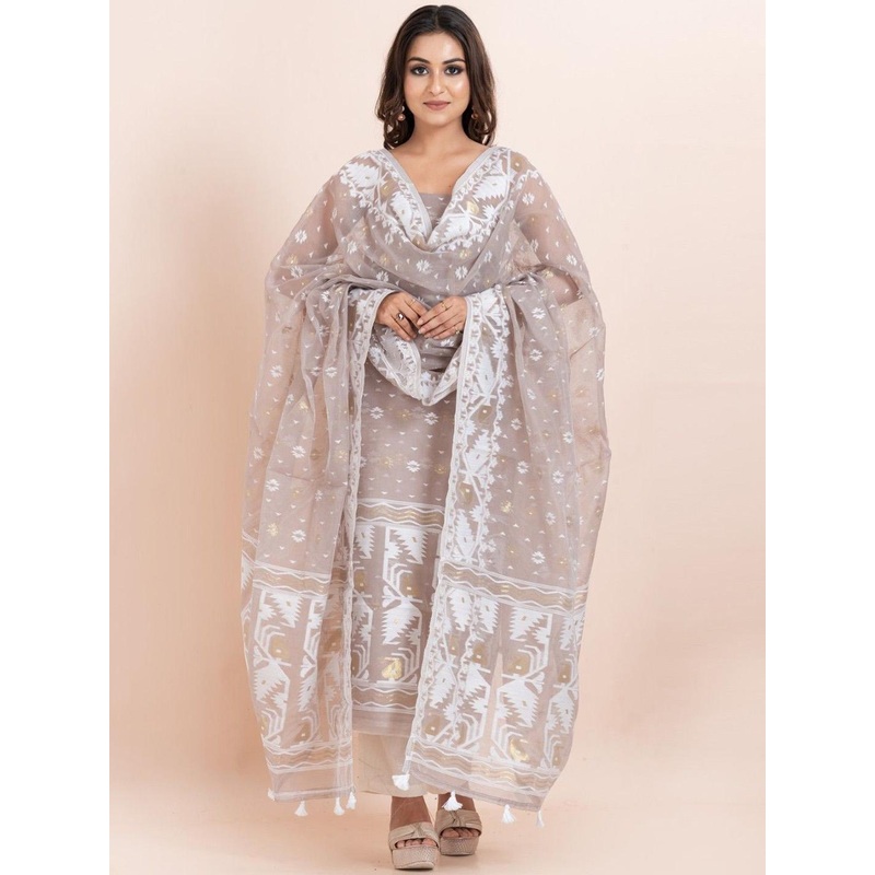 Durga Handlooms Jamdani Unstitched Woven Design Zari Pure Cotton Kurti with Dupatta