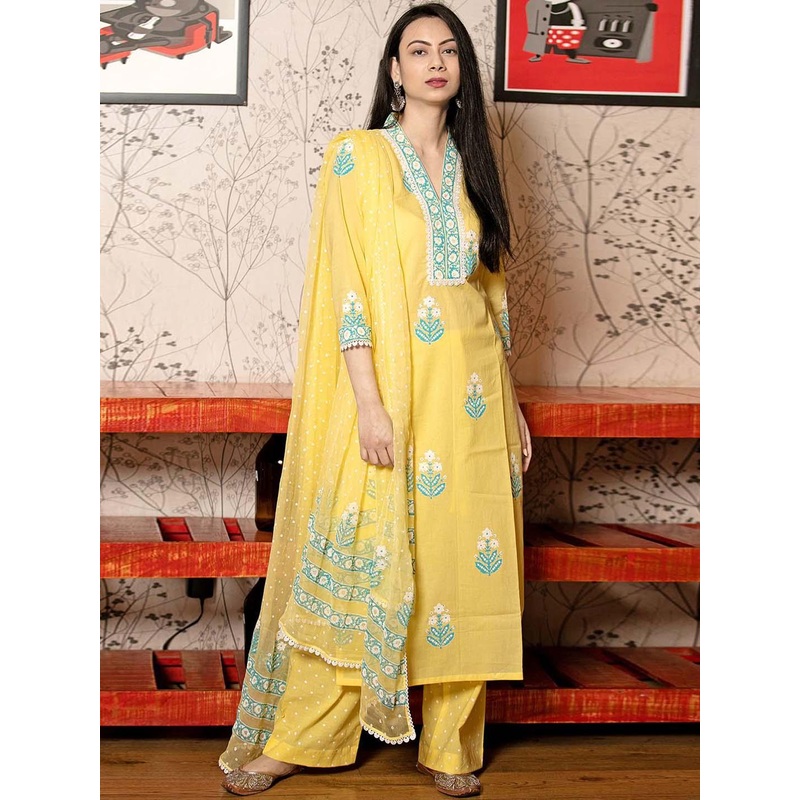 GoSriKi Floral Printed Straight Kurta with Palazzos & Dupatta