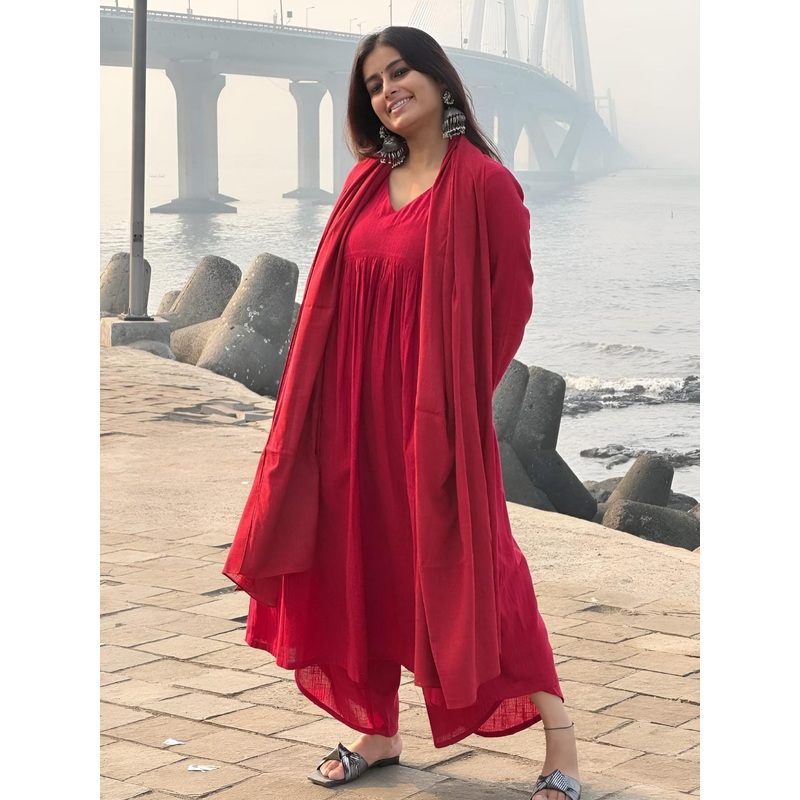 GoSriKi Women Solid A-Line Kurta with Palazzos & Dupatta