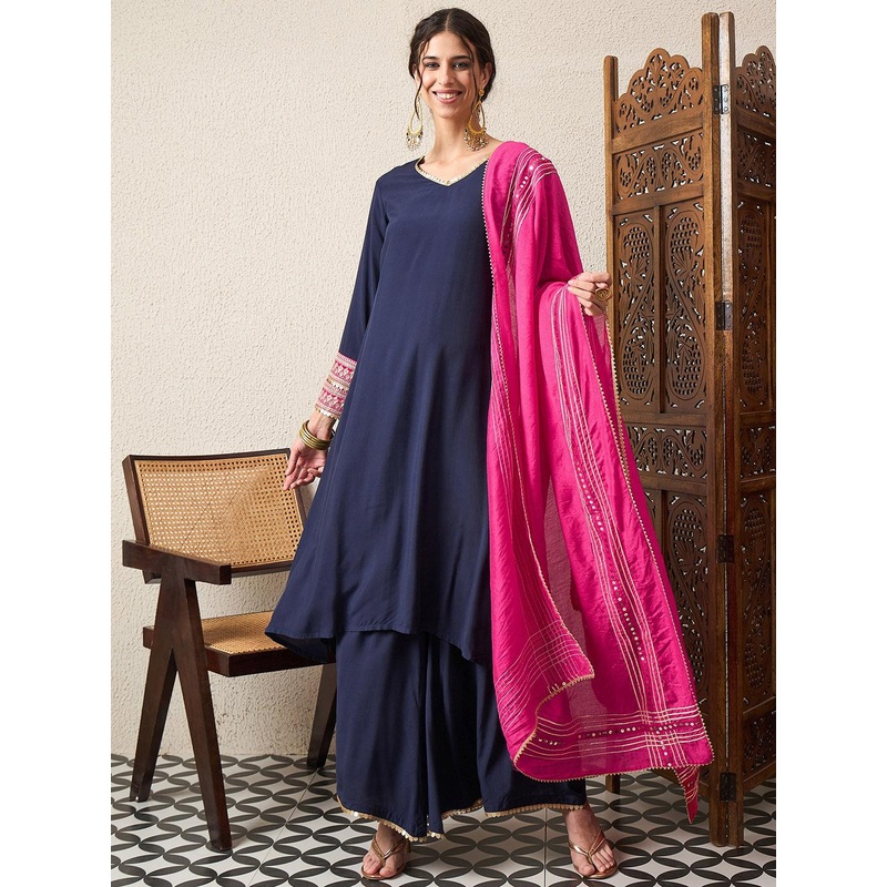 House of Pataudi V-Neck Kurta With Palazzo & Dupatta