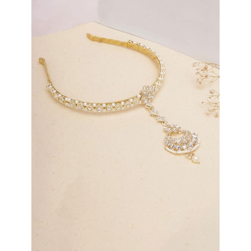 JEWILLEY Gold-Plated Kundan-Studded & Beaded Layered Matha Patti