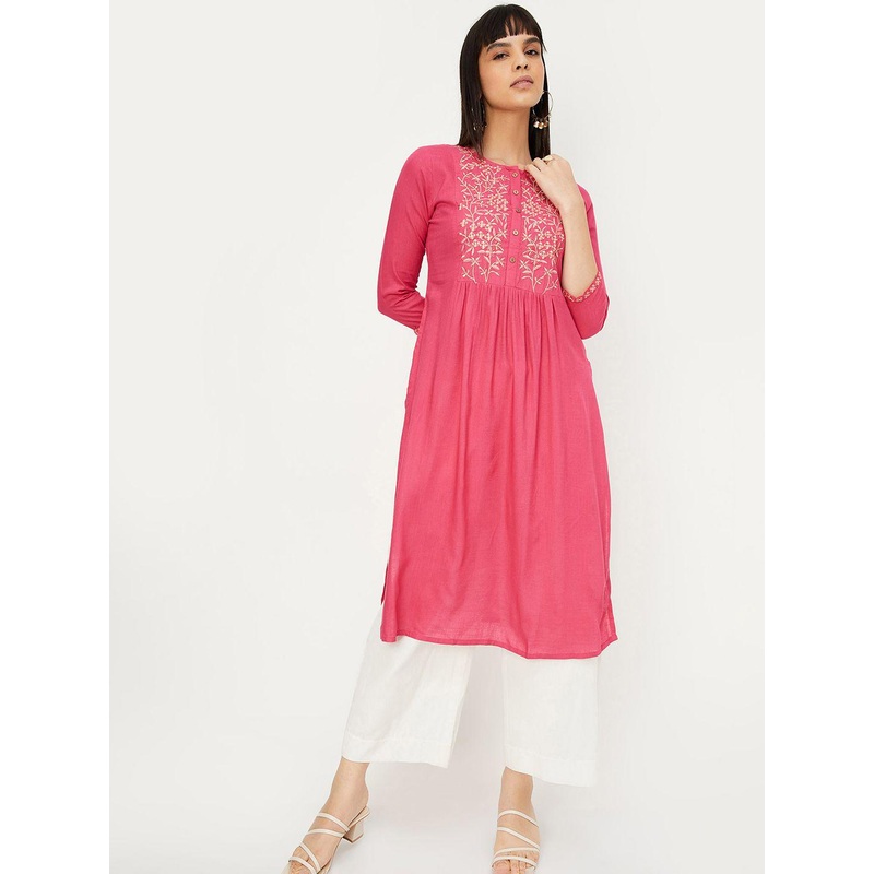 max Ethnic Motifs Yoke Design Thread Work  Pleated A-Line Kurta