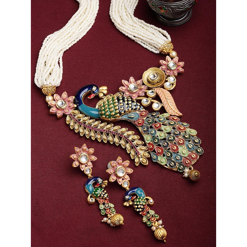 PANASH Gold-Plated & White Kundan Meenakari Jewellery Set