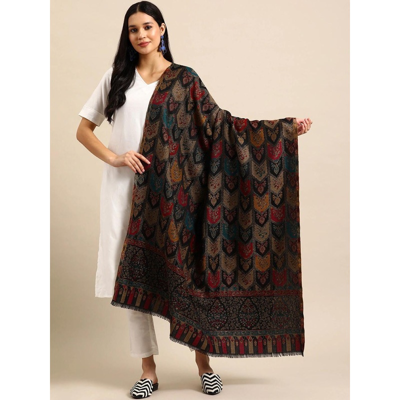 Sangria Black Ethnic Motifs Woven Design Shawl
