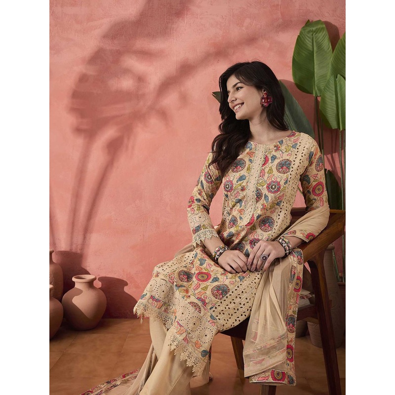 Sangria Cream Floral Printed Round Neck Straight Pure Cotton Kurta With Trousers & Dupatta