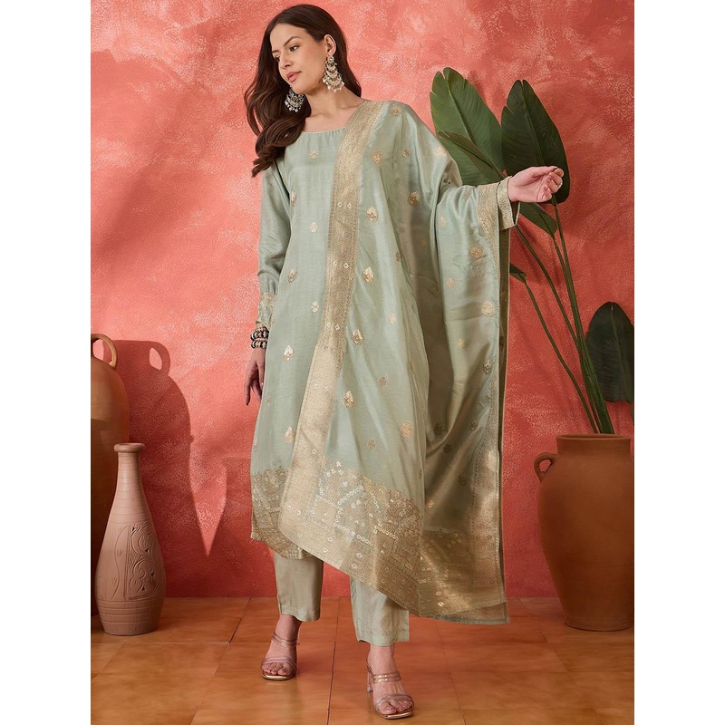 Sangria Woven Design Round Neck Straight Kurta With Trousers And Dupatta