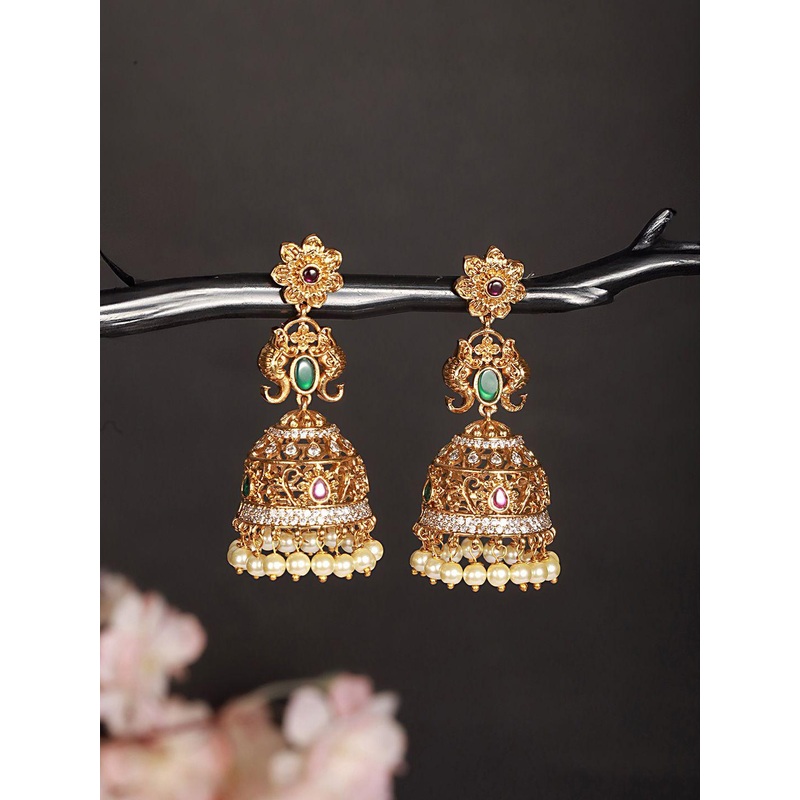 Saraf RS Jewellery Gold-Plated Cubic Zirconia Pearl Contemporary Jhumkas