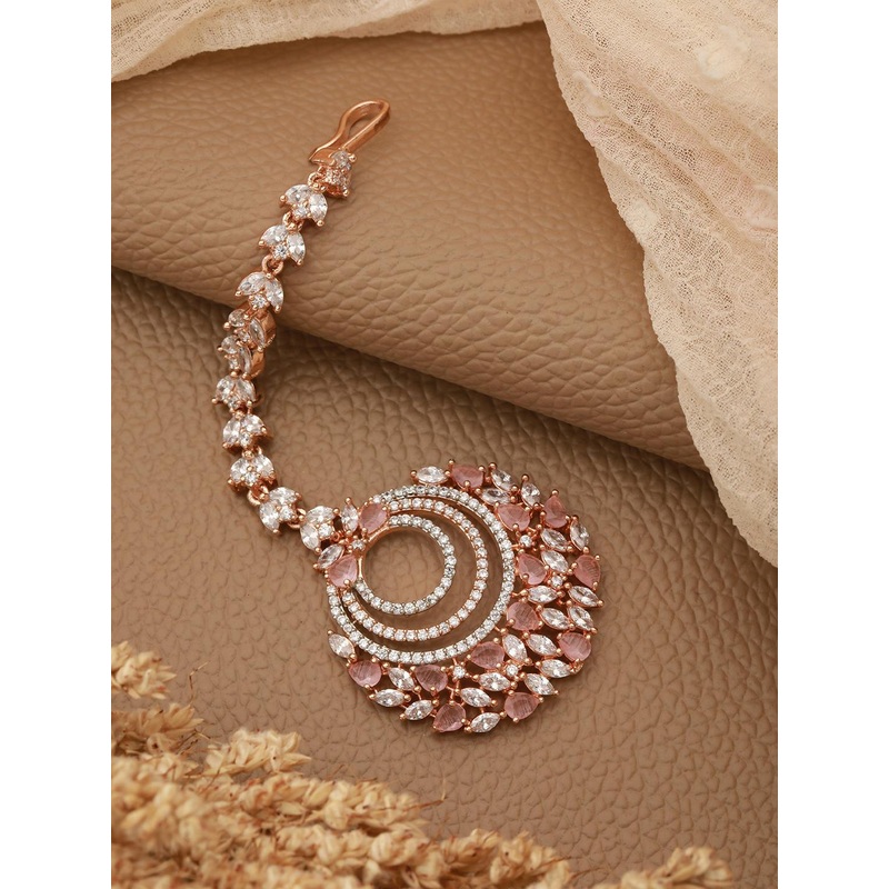 Saraf RS Jewellery Rose Gold-Plated Pink & White AD-Studded Handcrafted Maang Tikka