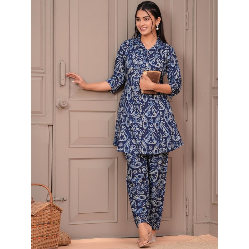 SZN Women Blue & White Printed Co-ords Set