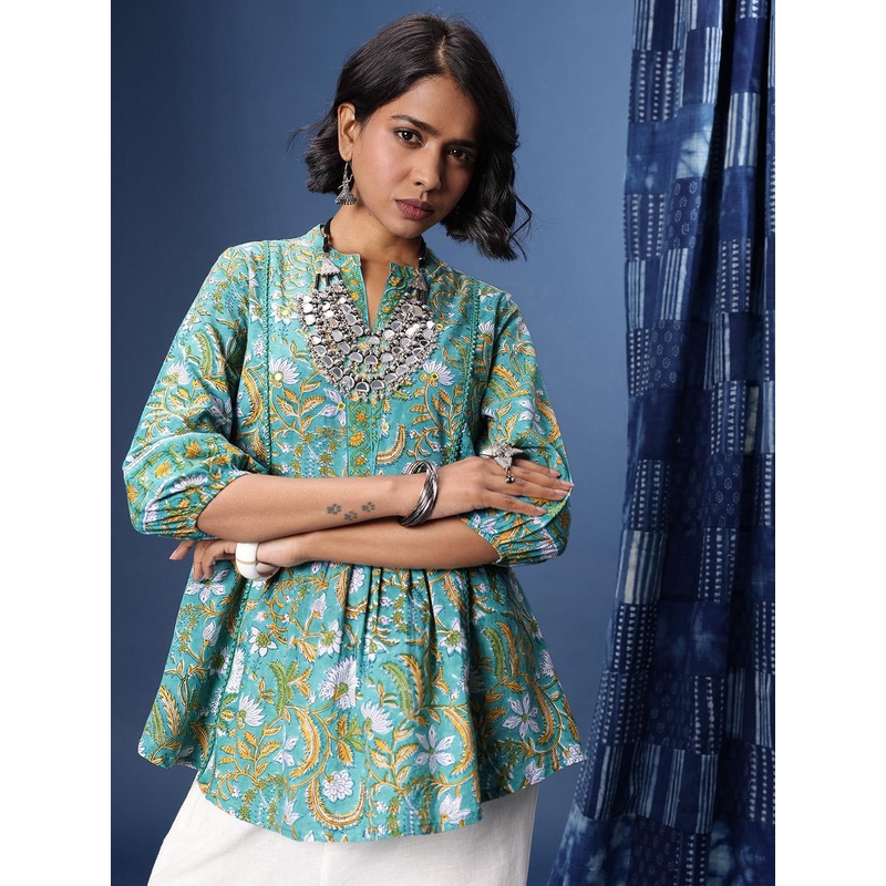 Taavi Floral Printed Thread Work Pure Cotton Thread Work Sanganeri A-Line Kurti