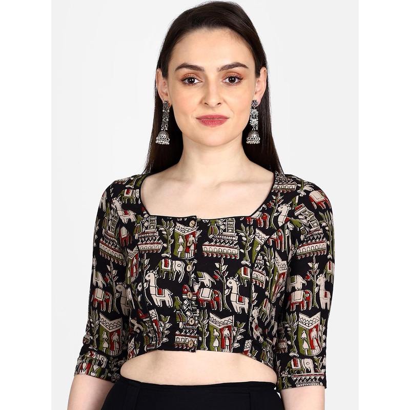 THE WEAVE TRAVELLER Women Black & Beige Kalamkari Hand Block Printed Saree Blouse