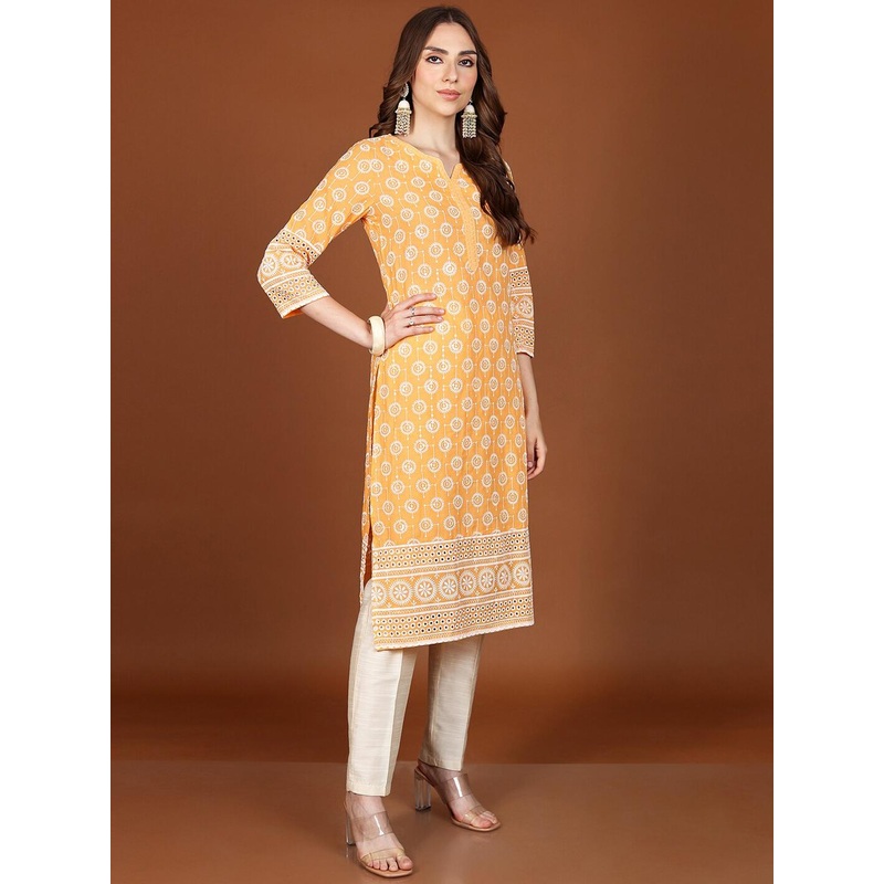 Vishudh Yellow Ethnic Motifs Embroidered Thread Work Straight Kurta