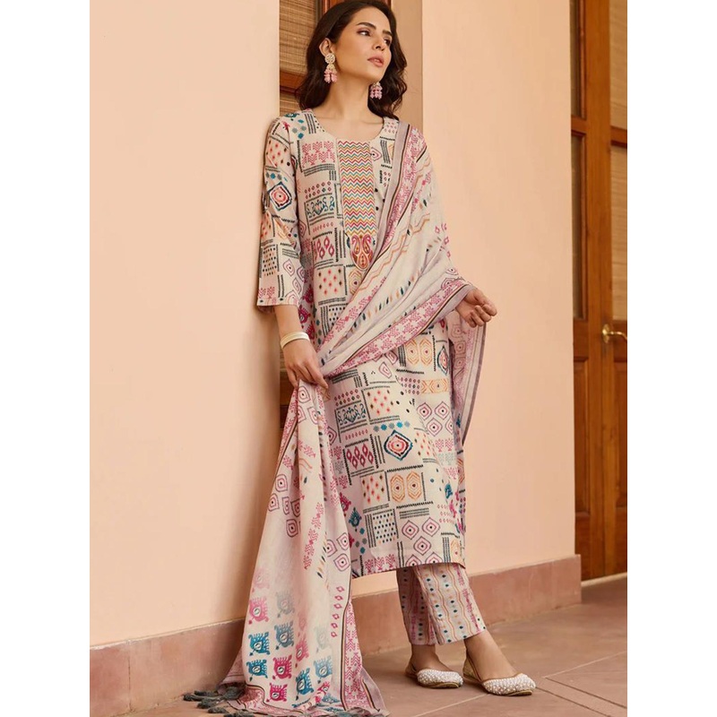 VKOM’S Ethnic Motifs Printed Pure Cotton Kurta with Palazzo and Dupatta
