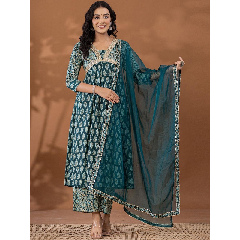 Yufta Women Alia Cut Floral Printed Regular Pure Cotton Kurta with Palazzos & With Dupatta