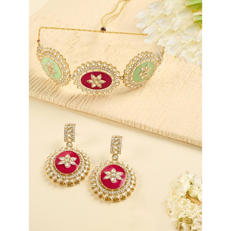 Zaveri Pearls Gold-Plated Meenakari Dazzling Stones Studded Jewellery Set