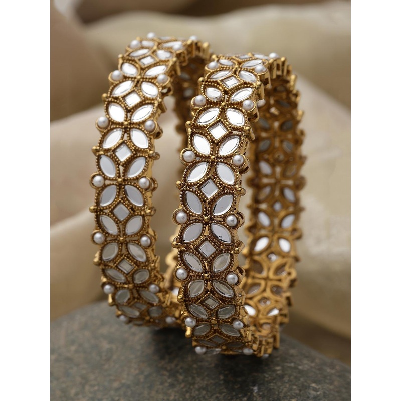 ZENEME Set Of 2 Gold-Plated Kundan-Studded & Pearl Beaded Bangles