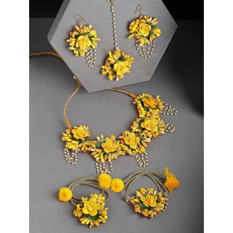 ZENEME Yellow Floral Gota Patti Beaded Haldi & Mehendi Jewellery Set