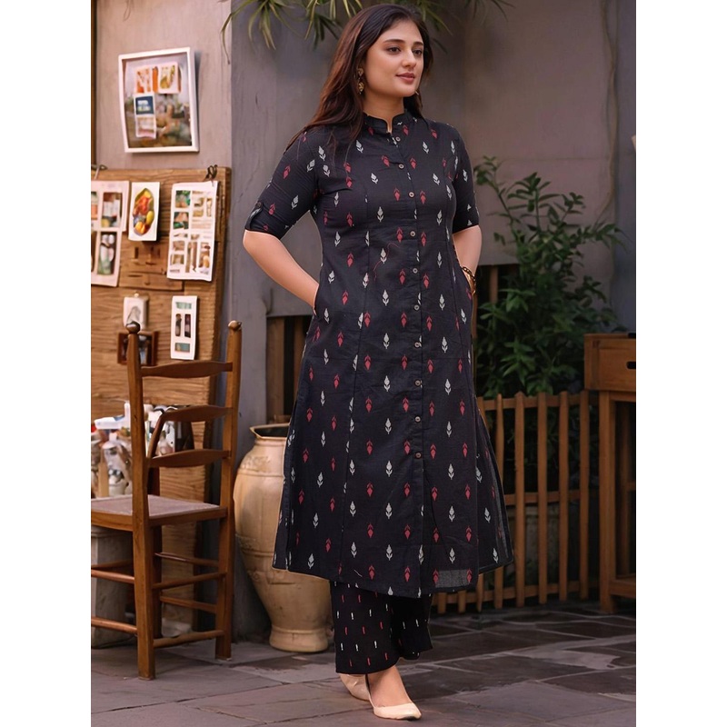 Aaghnya Geometric Printed Mandarin Collar A-Line Kurta With Trouser
