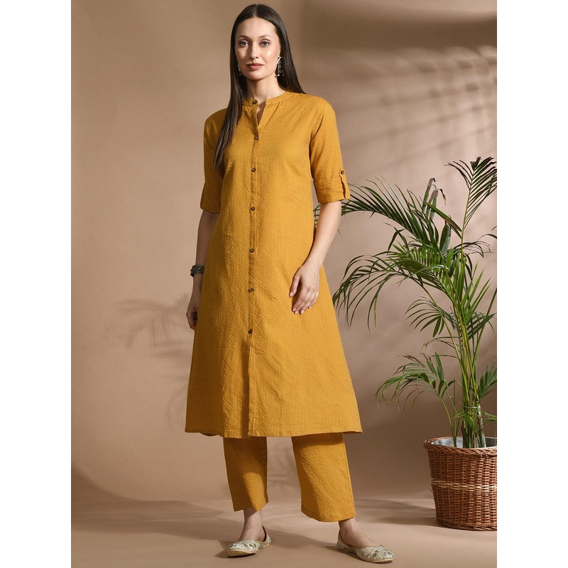 AAYUMI Textured Mandarin Collar Roll-up Sleeves Pure Cotton Kurta with Trouser