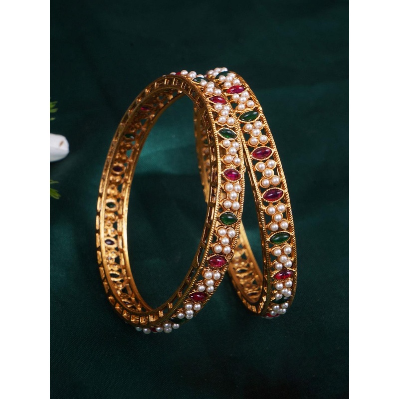 Adwitiya Collection Set Of 2 Gold-Plated Ruby Emerald & Pearls Stone Studded Bangles
