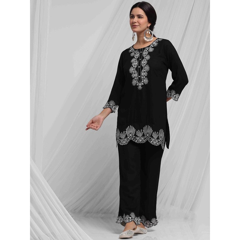 Anouk Black Ethnic Motifs Embroidered Thread Work Yoke Design Straight Kurta With Palazzos