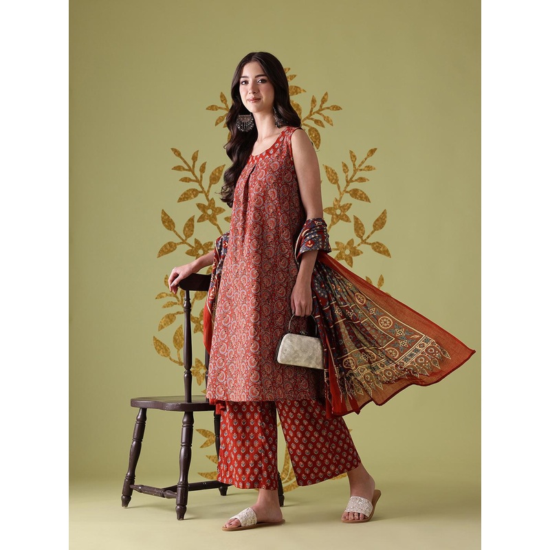 Anouk Ethnic Motifs Print Pleated Kurta with Palazzos & Dupatta