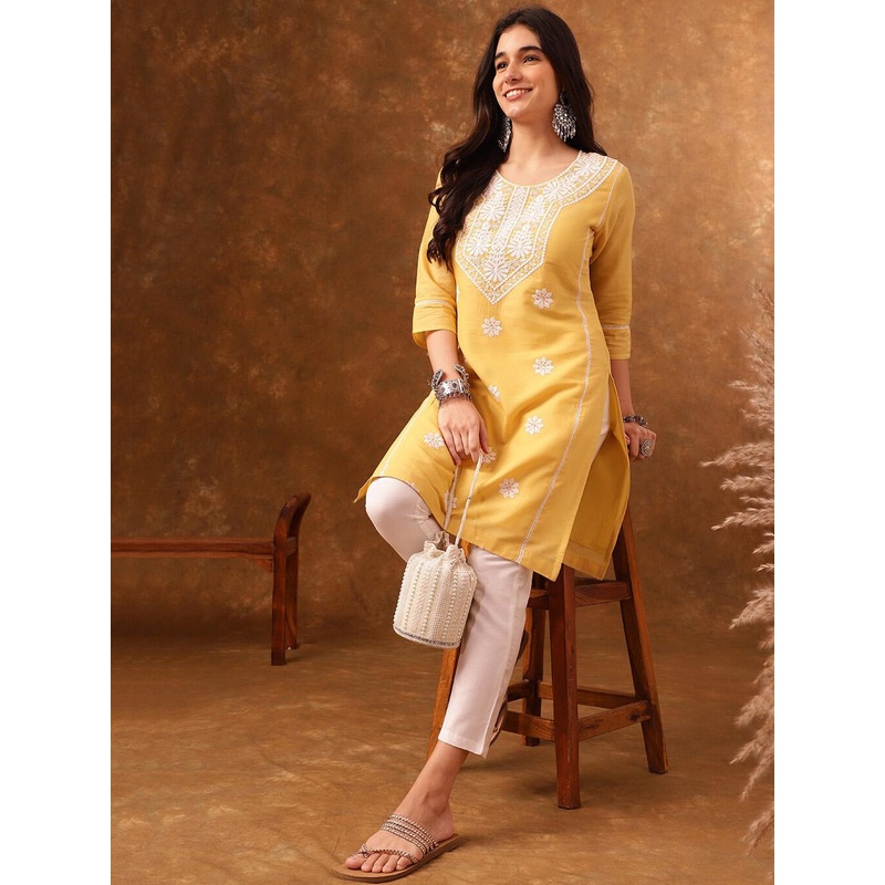 Anouk Yellow Ethnic Motifs Embroidered Pure Cotton Straight Kurta