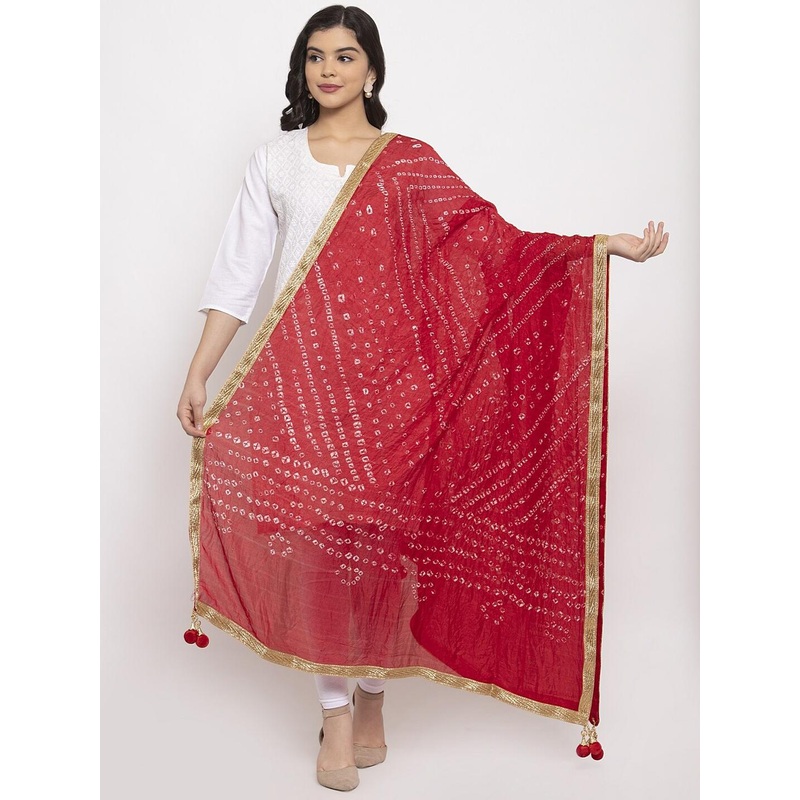 Clora Creation Red Bandhani Gotta Patti Silk Dupatta