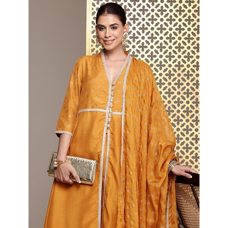 House of Pataudi Floral Printed Regular Sequinned Jashn Kurta with Palazzos & Dupatta